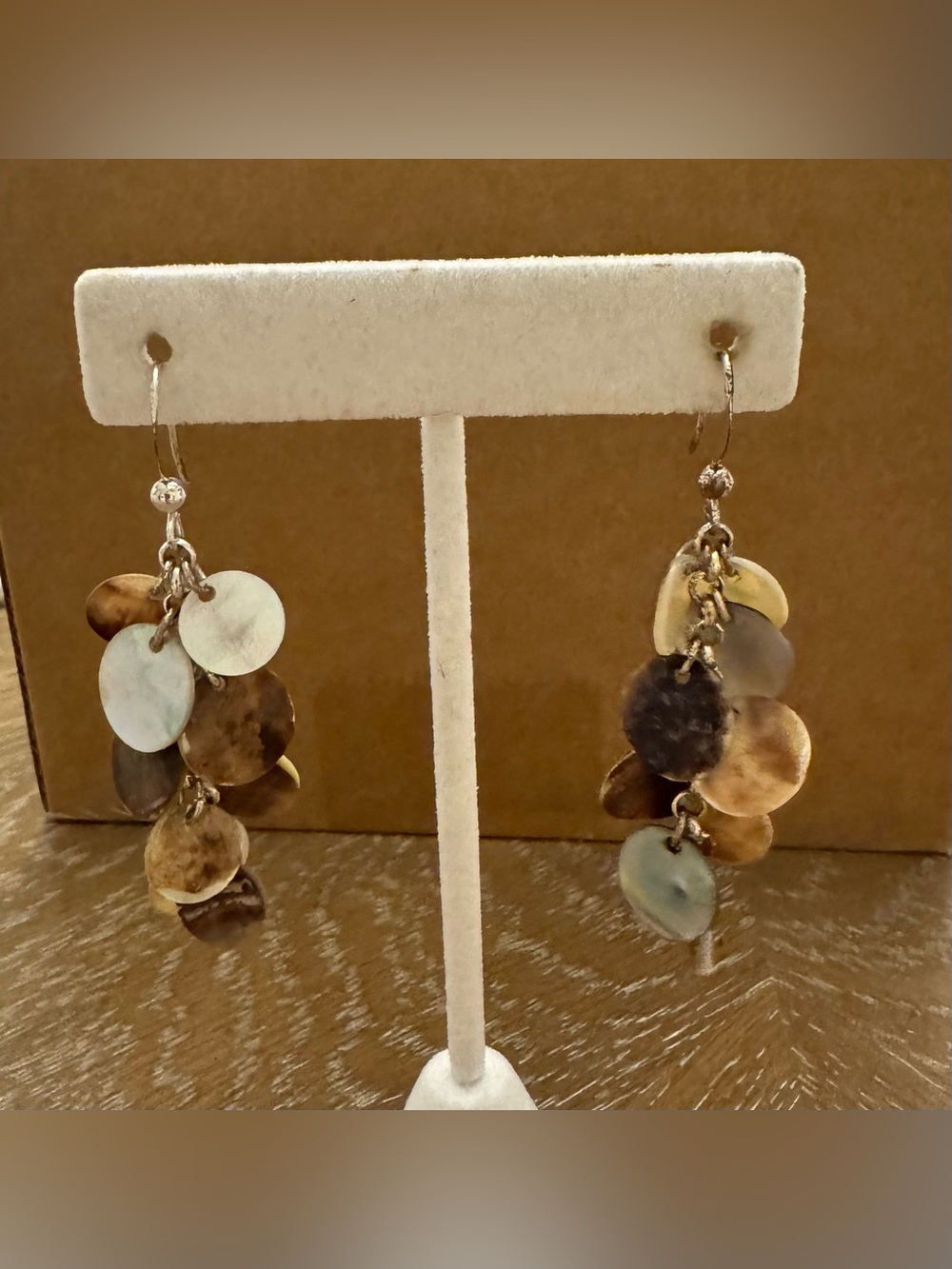 Gold and Brown Shell Disc Drop Earrings